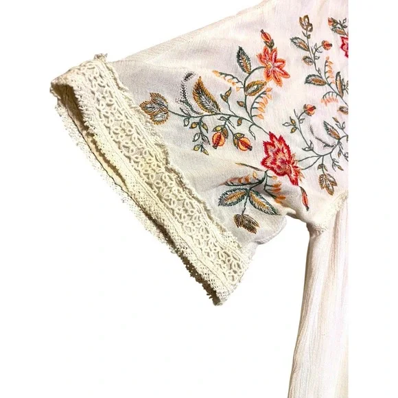 Ranna Gill Anthropologie Floral Embroidered V-Neck Blouse Bohemian Cream Large - Picture 6 of 10